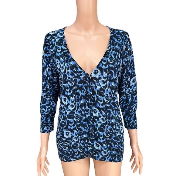 TALBOTS petite cardigan size LP animal print and pure Italian merino blue - Picture 1 of 6
